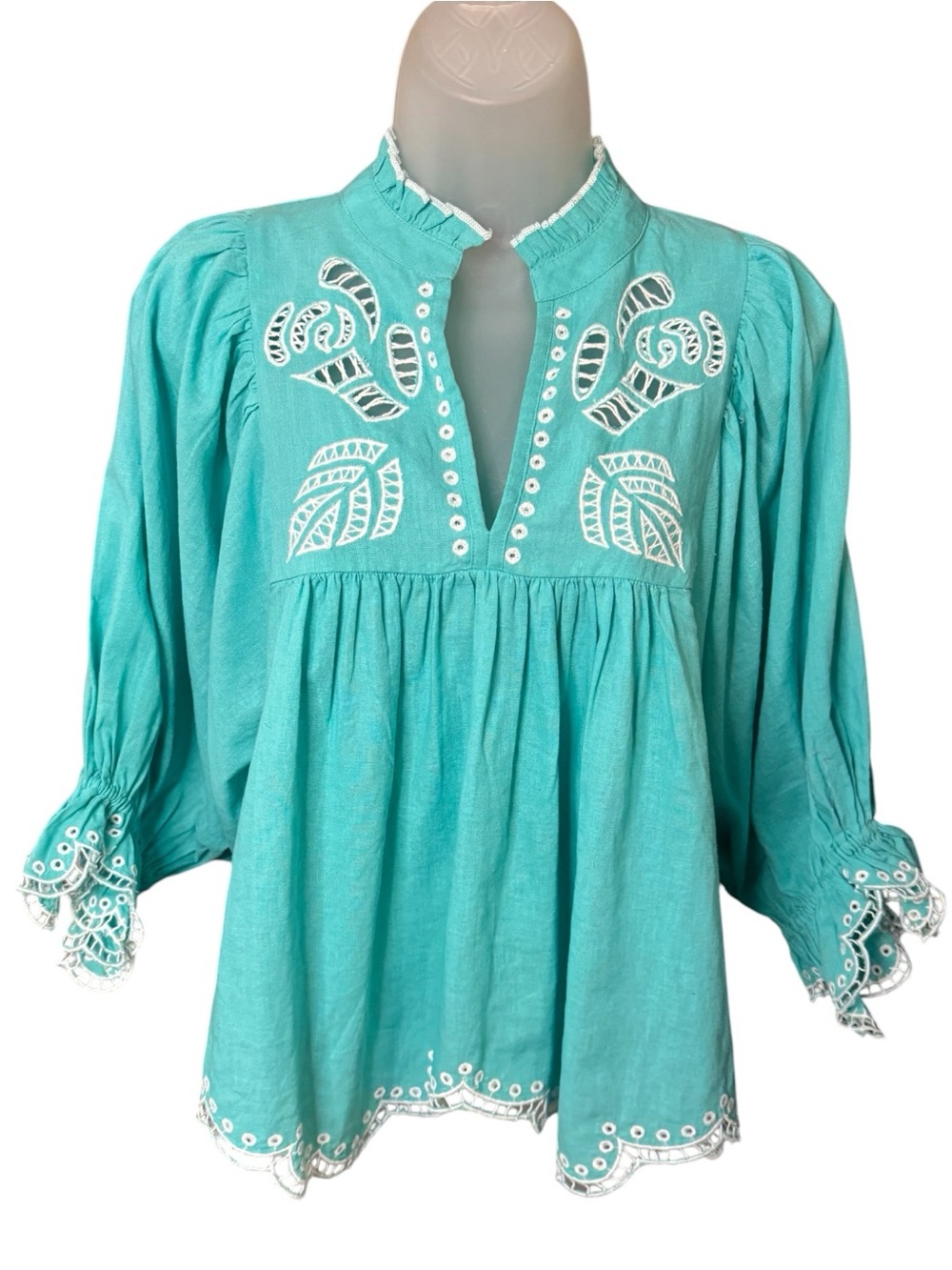 Never A Wallflower |Aqua Turquoise Eyelet
Embroidered Cotton/Linen Blend Top-NWT - Picture 2 of 9